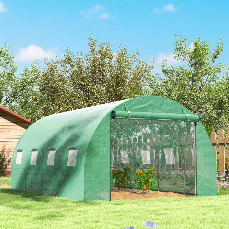 Outsunny Gewächshaus 300x400x200cm Foliengewächshaus Tomatenhaus mit Tür, 8 Fenster, Folientunnel aus verzinktem Stahl, 170g/m² PE, stabiles pflanztunnel, Treibhaus inkl. Erdanker & Seilen, Grün – Bild 9