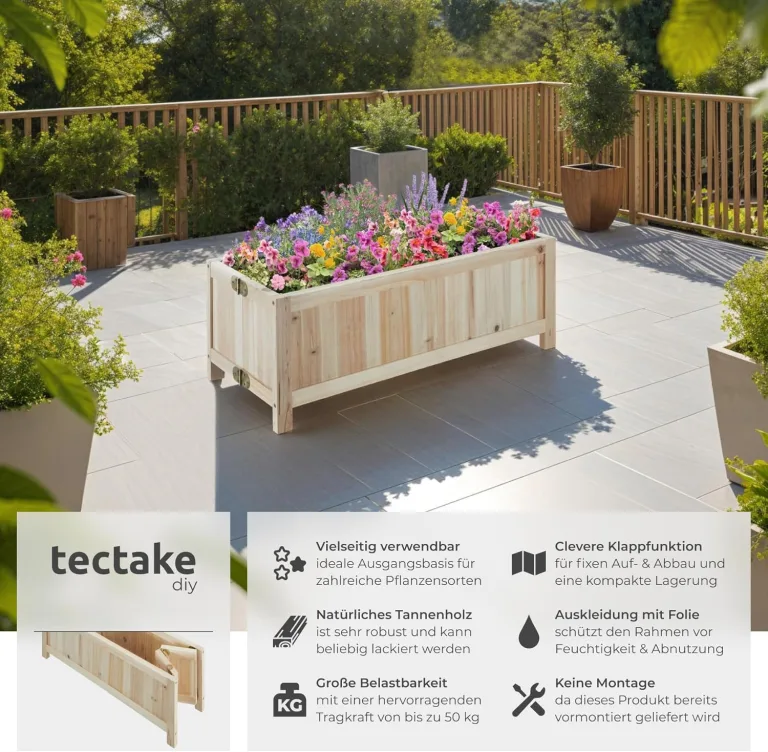 tectake® Hochbeet Holz, Hochbeete-Kit für Balkon, Terrasse, Hochbeet Garten, Pflanzkasten, Kräuterbeet, Frühbeet, Gemüsebeet, Pflanzenbeet, zur Anzucht, als Blumenkasten - 30l, 70 x 30 x 25 cm – Bild 2