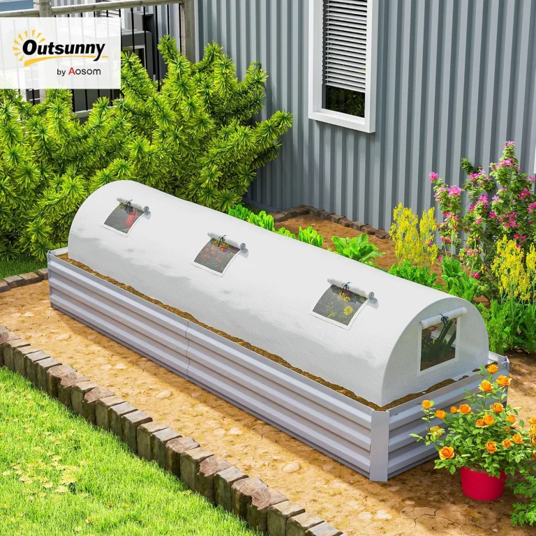 Outsunny Gewächshaus mit Rollfenster Runddach, Winterfest Foliengewächshaus aus Stahl wasserabweisend Treibhaus für Balkon Tomatenhaus mit UV Schutz 300x80x45cm Tomatengewächshaus für Gemüse, Weiß – Bild 2