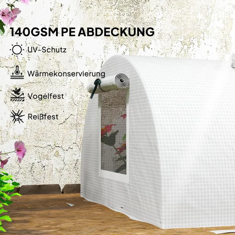Outsunny Gewächshaus mit Rollfenster Runddach, Winterfest Foliengewächshaus aus Stahl wasserabweisend Treibhaus für Balkon Tomatenhaus mit UV Schutz 300x80x45cm Tomatengewächshaus für Gemüse, Weiß – Bild 3