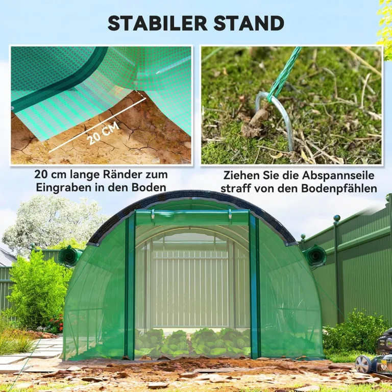 Outsunny Gewächshaus 4 x 3 x 2 m Foliengewächshaus mit 8 Fenster, Rolltüren, Aufrollbar Seitenwänden, UV-beständiger Folientunnel, Winterfest Tomatenhaus mit Erdanker, Grün – Bild 8