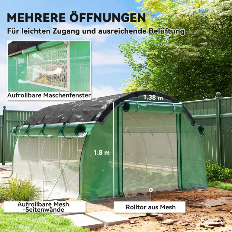 Outsunny Gewächshaus 4 x 3 x 2 m Foliengewächshaus mit 8 Fenster, Rolltüren, Aufrollbar Seitenwänden, UV-beständiger Folientunnel, Winterfest Tomatenhaus mit Erdanker, Grün – Bild 4