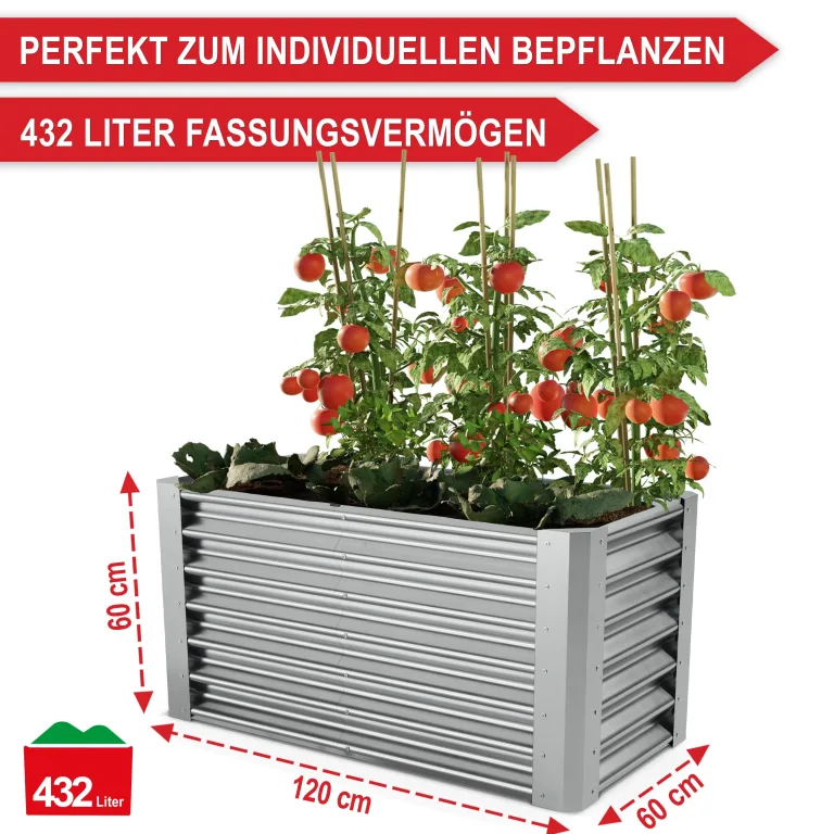 Onbest Metall Hochbeet - XXL Gemüsebeet/Kräutergarten aus Stahl - stabil, wetterfest & pflegeleicht - Hochbeete-Kit - Ideal für Kräuter aus dem Garten, Terrasse/Balkon (Silber, 120x60x60cm) – Bild 2