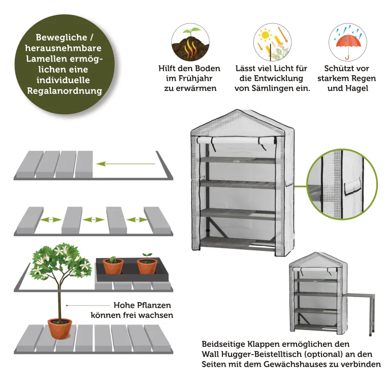 VegTrug® Gewächshaus - Foliengewächshaus mit 4 Ebenen & FSC-Holzrahmen -Anzuchthaus für Garten, Balkon & Terrasse - Pflanzregal mit PE-Abdeckung & Reißverschluss - Grey Wash 111x49x168 cm – Bild 4