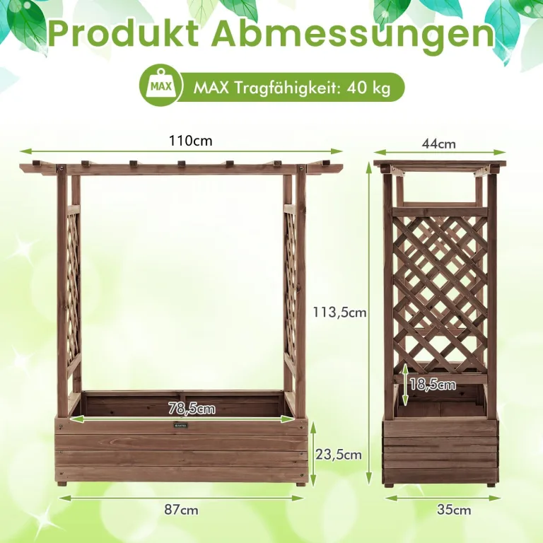COSTWAY Blumenkasten mit Rankgitter & hängendem Dach, Pflanzkasten mit Rankhilfe, Hochbeet für Kletterpflanzen & hängende Körbe, für Garten Hof Terrasse, Pflanzkübel Holz, 110x44x113,5cm, Braun – Bild 6