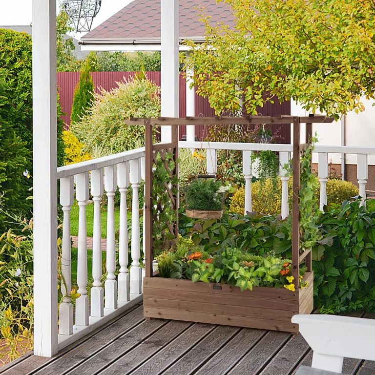 COSTWAY Blumenkasten mit Rankgitter & hängendem Dach, Pflanzkasten mit Rankhilfe, Hochbeet für Kletterpflanzen & hängende Körbe, für Garten Hof Terrasse, Pflanzkübel Holz, 110x44x113,5cm, Braun – Bild 9
