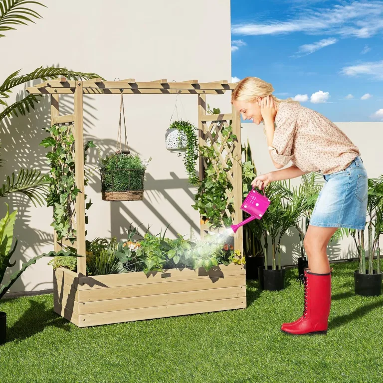 COSTWAY Hochbeet mit Rankgitter & hängendem Dach, Pflanzkasten mit Rankhilfe, Blumenkasten für Kletterpflanzen & hängende Körbe, für Garten Hof Terrasse, Pflanzgefäß aus Holz, Natur – Bild 8
