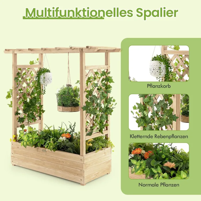 COSTWAY Hochbeet mit Rankgitter & hängendem Dach, Pflanzkasten mit Rankhilfe, Blumenkasten für Kletterpflanzen & hängende Körbe, für Garten Hof Terrasse, Pflanzgefäß aus Holz, Natur – Bild 3