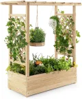 COSTWAY Hochbeet mit Rankgitter & hängendem Dach, Pflanzkasten mit Rankhilfe, Blumenkasten für Kletterpflanzen & hängende Körbe, für Garten Hof Terrasse, Pflanzgefäß aus Holz, Natur - Thumbnail 1