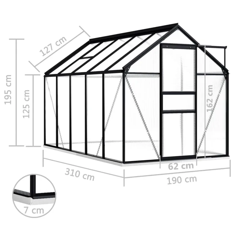 Begehbares Gewächshaus aus Polycarbonat mit Aluminiumrahmen Fundamentrahmen und Bodenbefestigung für Gartenpflanzen 190 x 310 x 202 cm 5,89 m² – Bild 6