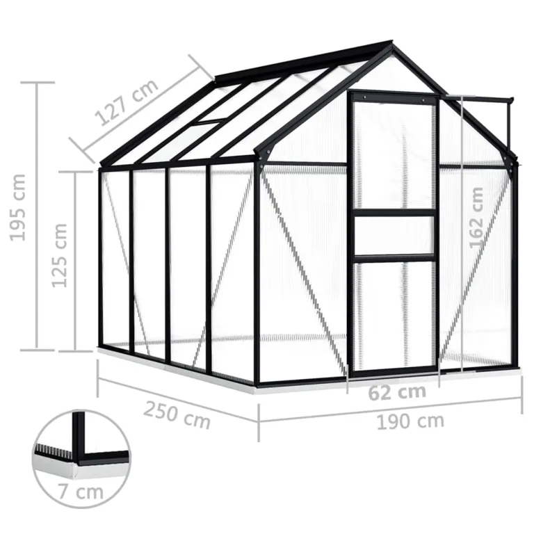 Begehbares Gewächshaus aus Polycarbonat mit Aluminiumrahmen und Fundamentrahmen für Gartenfundament 190 x 250 x 202 cm 4,75 m² – Bild 6