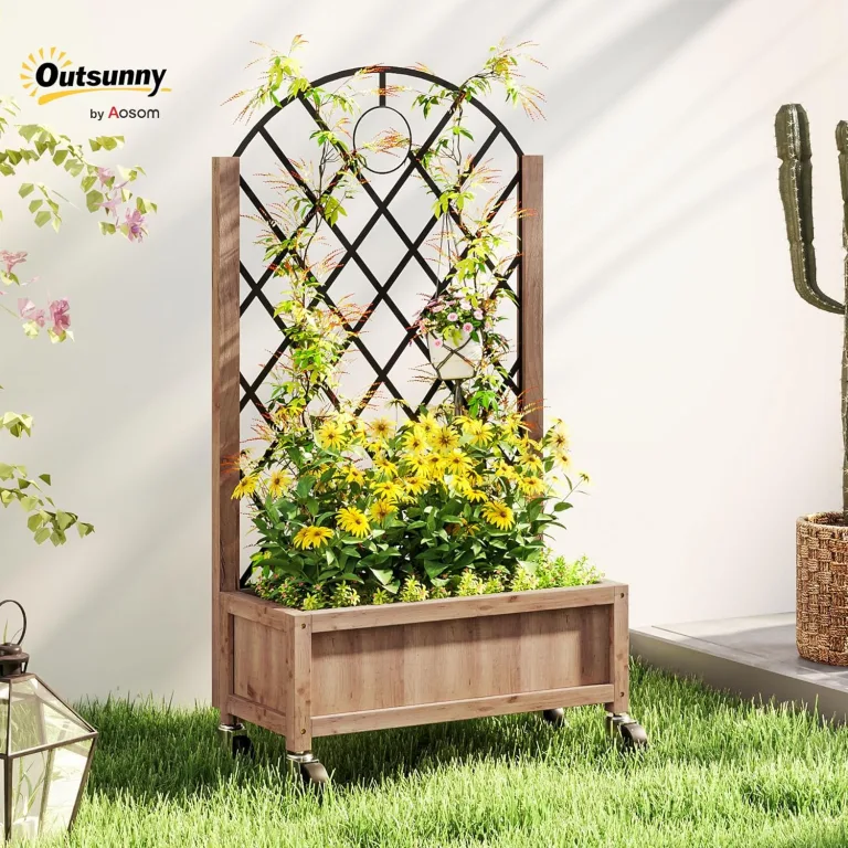 Outsunny Hochbeet mit Metall Rankgitter, Holz Erhöhter Pflanzkasten mit Rollen und Drainagelöchern, Outdoor Hochbeet für Kletterpflanzen, Obst, Gemüse, Blumen, Braun – Bild 2
