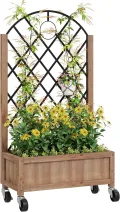 Outsunny Hochbeet mit Metall Rankgitter, Holz Erhöhter Pflanzkasten mit Rollen und Drainagelöchern, Outdoor Hochbeet für Kletterpflanzen, Obst, Gemüse, Blumen, Braun - Thumbnail 1