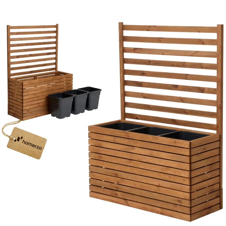 Pflanzkübel mit Rankgitter Spalier mit Pflanzkasten Blumenkasten aus Holz für Garten Balkon Terrasse Hochbeet mit 18L Kunststoff-Pflanzeneinsatz (horizontal-braun, 98x36x55 H130)