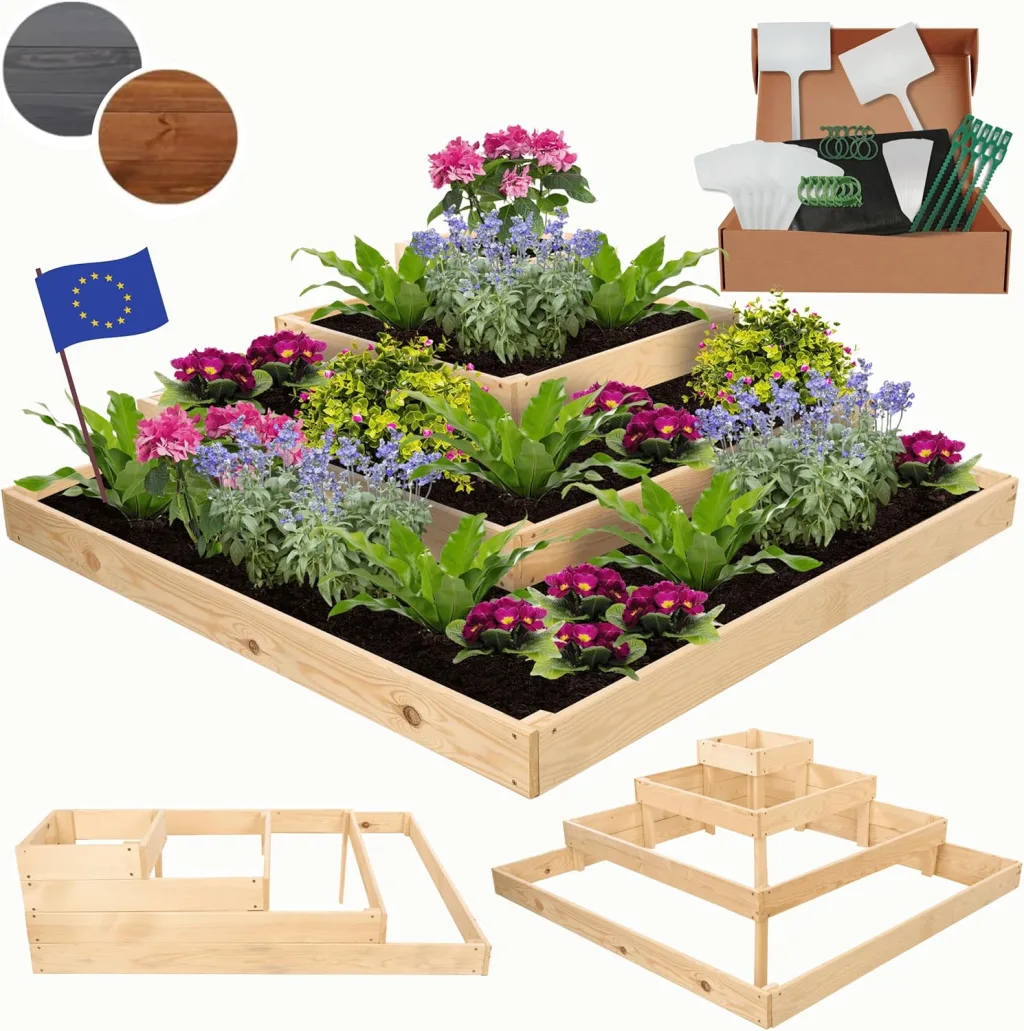Hochbeet, Kräuterbeet, Gartenbeet, Pflanzbeet, Blumenbeet, Stufenbeet, Holz Stufen Treppe, für Garten und Terrasse, Kiefernholz, Massivholz, Abmessungen 36x119x119 cm, Farbe: Natur