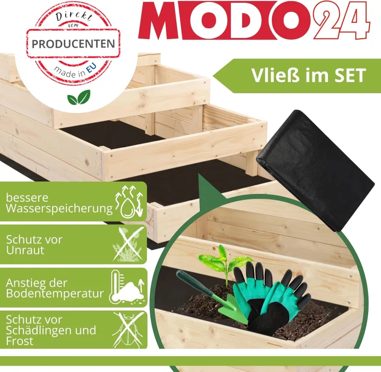 Hochbeet, Kräuterbeet, Gartenbeet, Pflanzbeet, Blumenbeet, Stufenbeet, Holz Stufen Treppe, für Garten und Terrasse, Kiefernholz, Massivholz, Abmessungen 36x119x119 cm, Farbe: Natur – Bild 7
