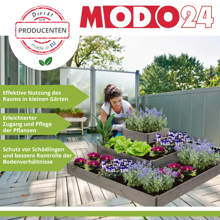 Hochbeet, Kräuterbeet, Gartenbeet, Pflanzbeet, Blumenbeet, Stufenbeet, Holz Stufen Treppe, für Garten und Terrasse, Kiefernholz, Massivholz, Abmessungen 45x119x119 cm, Farbe: Natur – Bild 2