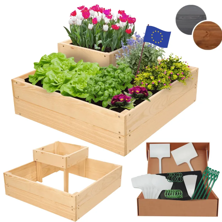 Hochbeet, Kräuterbeet, Gartenbeet, Pflanzbeet, Blumenbeet, Stufenbeet, Holz Stufen Treppe, für Garten und Terrasse, Kiefernholz, Massivholz, Abmessungen 45x119x119 cm, Farbe: Natur – Bild 10