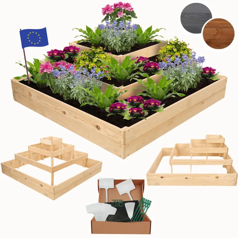 Hochbeet, Kräuterbeet, Gartenbeet, Pflanzbeet, Blumenbeet, Stufenbeet, Holz Stufen Treppe, für Garten und Terrasse, Kiefernholz, Massivholz, Abmessungen 45x119x119 cm, Farbe: Natur – Bild 1