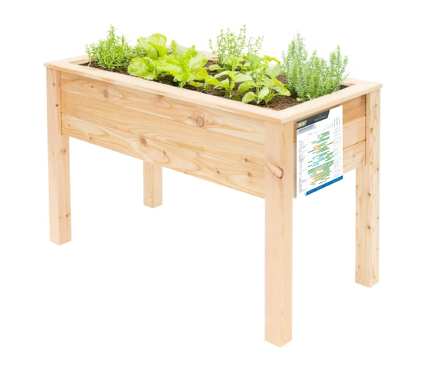 WESTMANN Hochbeet Emily aus Lärchenholz inkl. Aussaatkalender| 120x65x75 cm Natur | Kräuterbeet für den Außenbereich | Stelzenhochbeet zum Bepflanzen von Gemüse & Kräutern - Bild 1