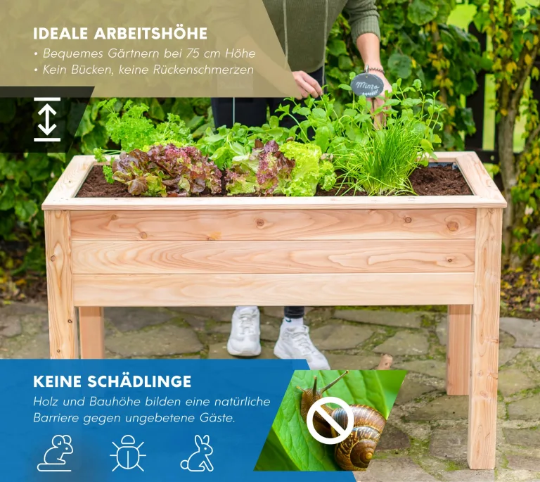 WESTMANN Hochbeet Emily aus Lärchenholz inkl. Aussaatkalender| 120x65x75 cm Natur | Kräuterbeet für den Außenbereich | Stelzenhochbeet zum Bepflanzen von Gemüse & Kräutern – Bild 4