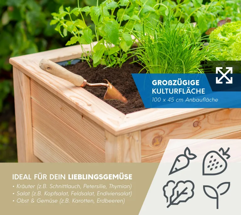 WESTMANN Hochbeet Emily aus Lärchenholz inkl. Aussaatkalender| 120x65x75 cm Natur | Kräuterbeet für den Außenbereich | Stelzenhochbeet zum Bepflanzen von Gemüse & Kräutern – Bild 6