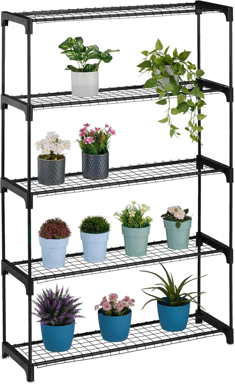 Relaxdays Blumenregal, 5 Ablagen, Blumen- & Pflanzentöpfe, Metall & Kunststoff, HBT: 140x91x28 cm, Kräuterregal, schwarz – Bild 1