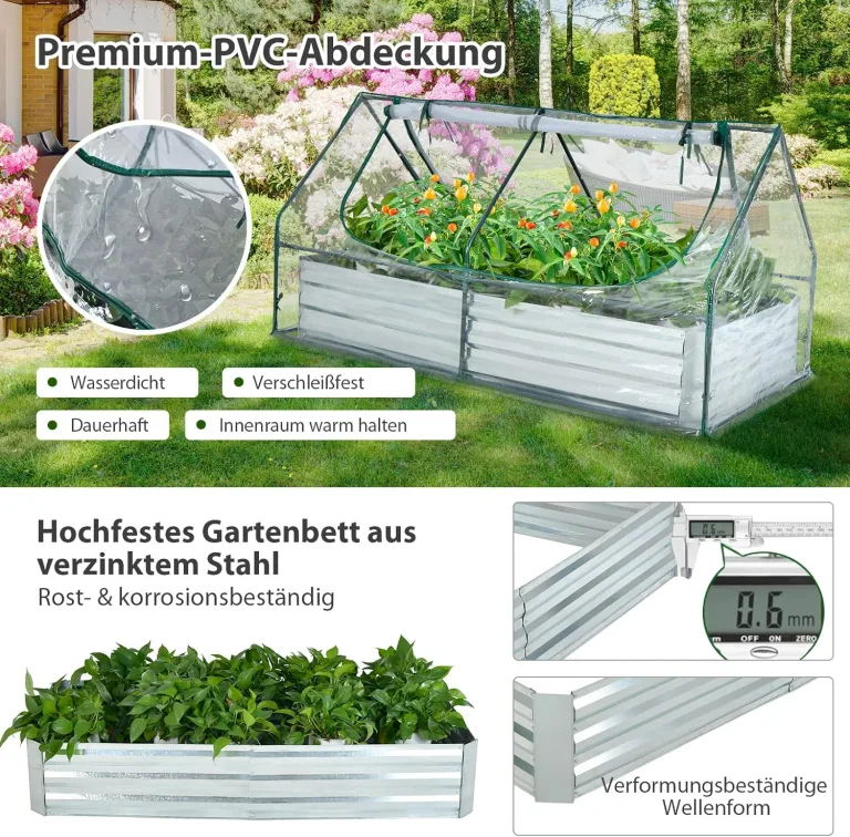 COSTWAY 3 in 1 Gewächshaus mit Hochbeet, Metall Pflanzkasten, PVC-Folie, Blumenbeet mit Zwei Fenstern, Rechteckiges Frühbeet für Blumen, Kräuter im Garten, Terrasse und Balkon, 180x90x91cm, Silber – Bild 4