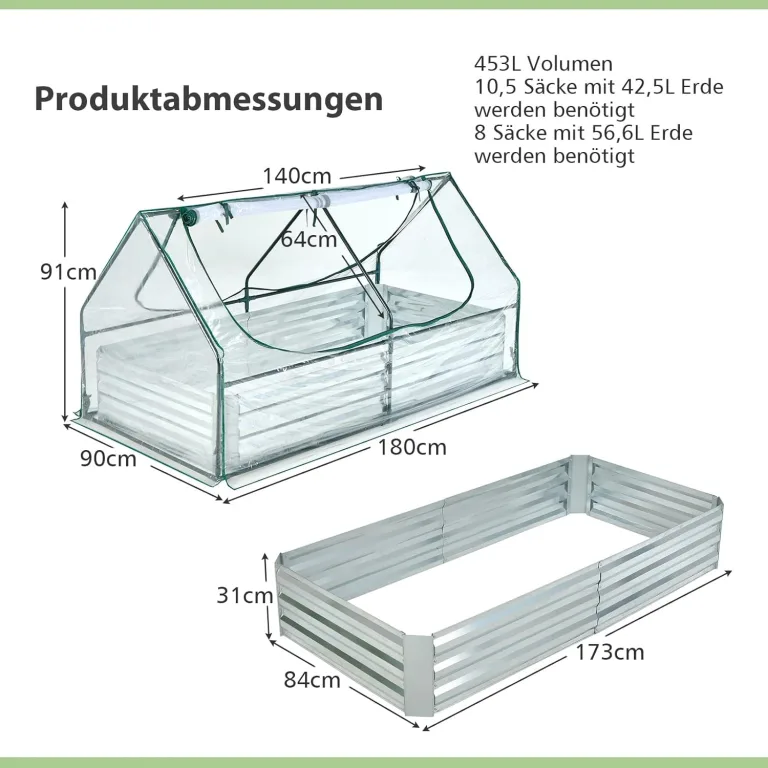 COSTWAY 3 in 1 Gewächshaus mit Hochbeet, Metall Pflanzkasten, PVC-Folie, Blumenbeet mit Zwei Fenstern, Rechteckiges Frühbeet für Blumen, Kräuter im Garten, Terrasse und Balkon, 180x90x91cm, Silber – Bild 6