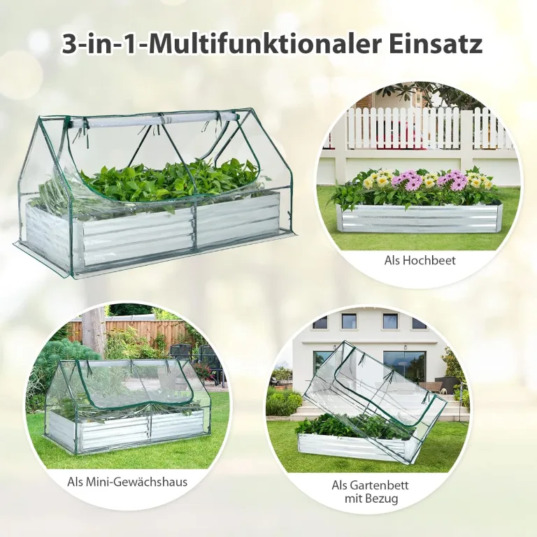 COSTWAY 3 in 1 Gewächshaus mit Hochbeet, Metall Pflanzkasten, PVC-Folie, Blumenbeet mit Zwei Fenstern, Rechteckiges Frühbeet für Blumen, Kräuter im Garten, Terrasse und Balkon, 180x90x91cm, Silber – Bild 2