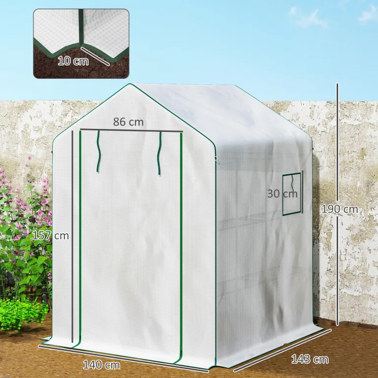 Outsunny Gartengewächshaus PE mit Regalen 3 Ebenen, Balkongewächshaus, verstärkte Plane 135 g/m², Stahlrahmen, aufrollbare Reißverschlusstür, für Gemüse Pflanzen Blumen, 140x143x190cm, weiß – Bild 5