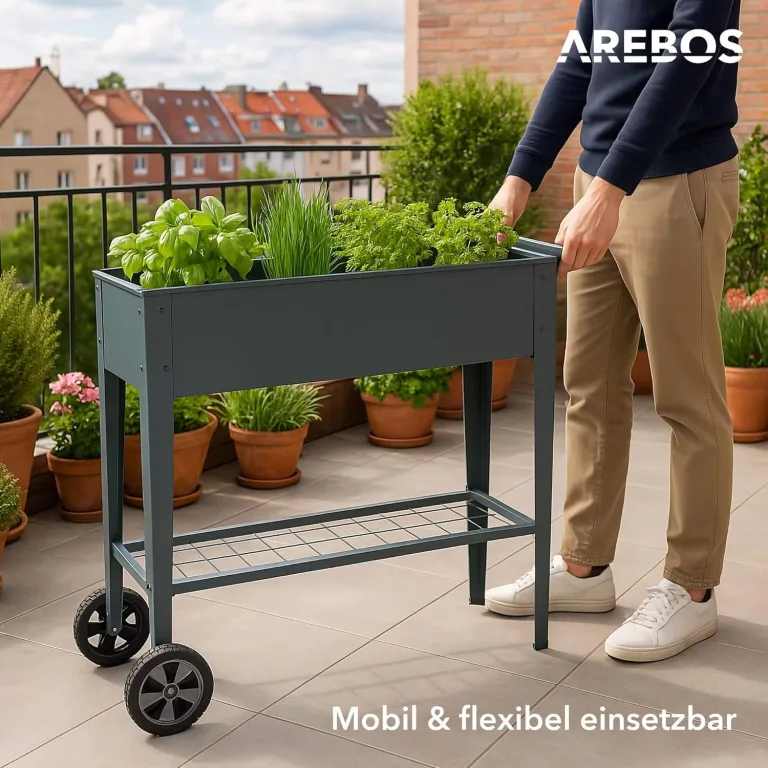 Arebos Hochbeet mit Rädern und Ablage 108 x 51 x 80 cm | Frühbeet Kräuterbeet Blumenkasten Garten Terassen Gemüsebeet Gartenbeet Blumenkübel für Balkon | ideal für den Anbau von Gemüse Obst Kräutern – Bild 5