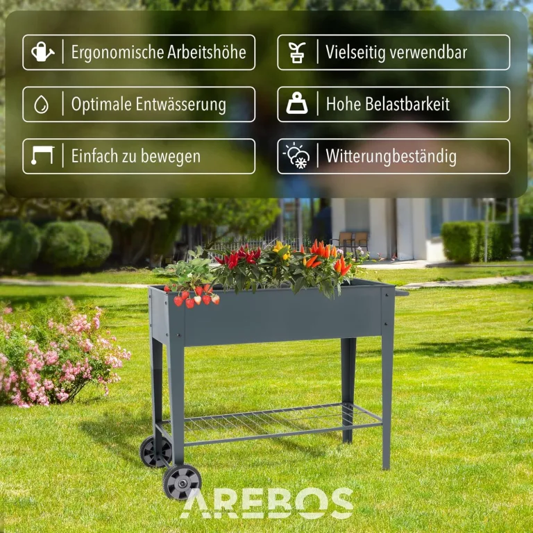 Arebos Hochbeet mit Rädern und Ablage 108 x 51 x 80 cm | Frühbeet Kräuterbeet Blumenkasten Garten Terassen Gemüsebeet Gartenbeet Blumenkübel für Balkon | ideal für den Anbau von Gemüse Obst Kräutern – Bild 3