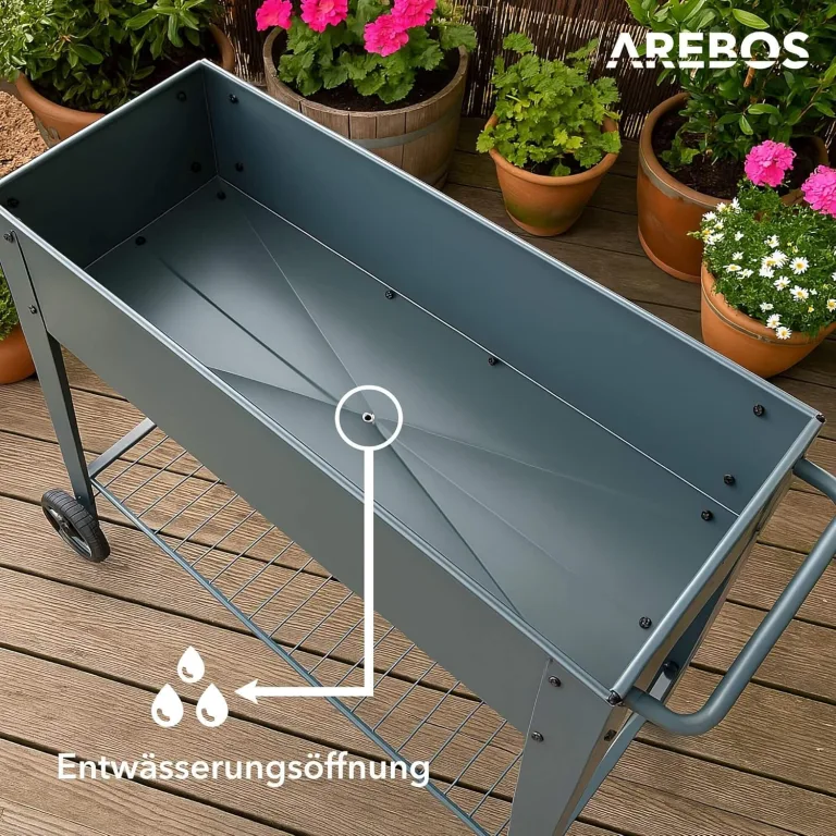 Arebos Hochbeet mit Rädern und Ablage 108 x 51 x 80 cm | Frühbeet Kräuterbeet Blumenkasten Garten Terassen Gemüsebeet Gartenbeet Blumenkübel für Balkon | ideal für den Anbau von Gemüse Obst Kräutern – Bild 4