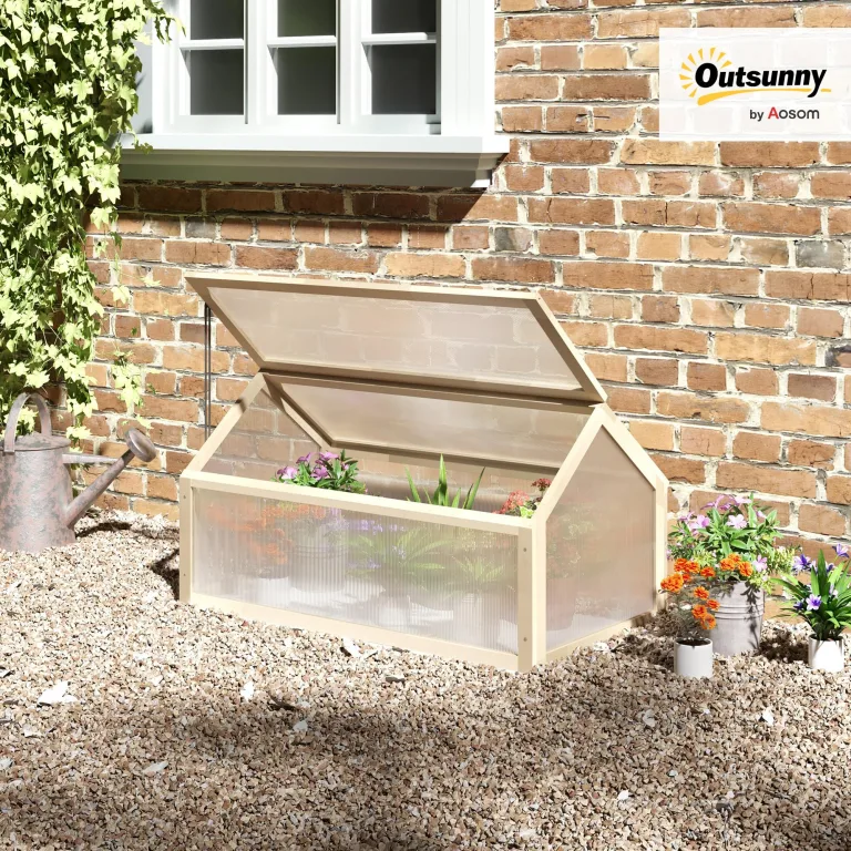 Outsunny Frühbeet aus Holz, Mini Gewächshaus 90 x 52 x 49,5 cm, Treibhaus mit Abdeckung, lichtdurchlässig Frühbeetkasten, Winterfest Hochbeet für Garten, Balkon, Naturholz – Bild 2
