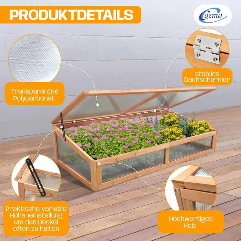 Coemo Hochbeet mit Frühbeetaufsatz 90 × 40 × 120 cm – ergonomisches Gartenbeet aus Holz – wetterfest & nachhaltig – für Gemüse, Kräuter & Blumen – rückenschonend mit Stauraum & einfacher Montage – Bild 4