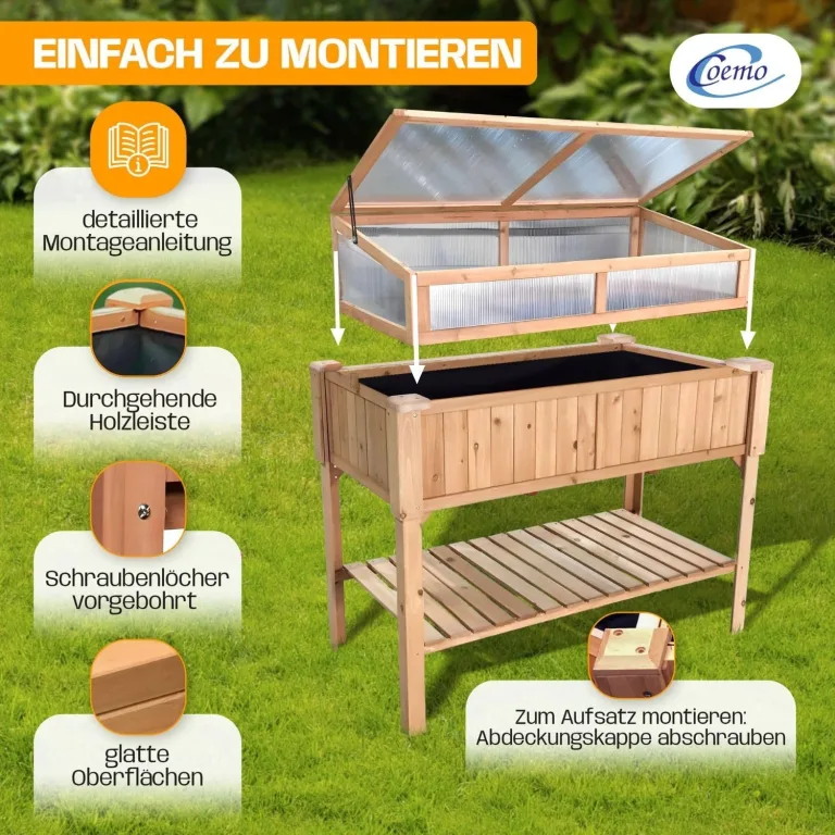 Coemo Hochbeet mit Frühbeetaufsatz 90 × 40 × 120 cm – ergonomisches Gartenbeet aus Holz – wetterfest & nachhaltig – für Gemüse, Kräuter & Blumen – rückenschonend mit Stauraum & einfacher Montage – Bild 5