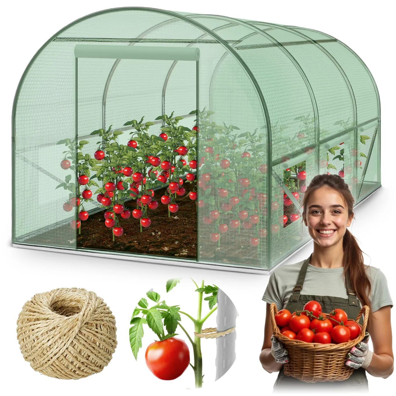 Garten-Gewächshaus Tunnel 2 × 3 m - 6 m² Folientunnel mit Stahlrahmen | PE-Folie 140 g/m² UV-beständig | 6 Fenster mit Moskitonetz | Pflanzenschutz | Grün - Bild 1