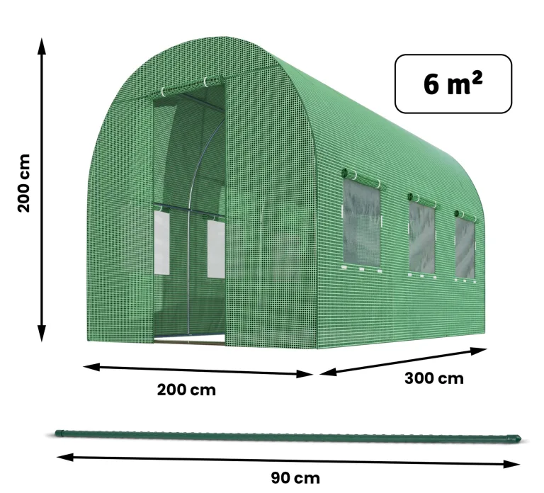 Garten-Gewächshaus Tunnel 2 × 3 m - 6 m² Folientunnel mit Stahlrahmen | PE-Folie 140 g/m² UV-beständig | 6 Fenster mit Moskitonetz | Pflanzenschutz | Grün – Bild 3