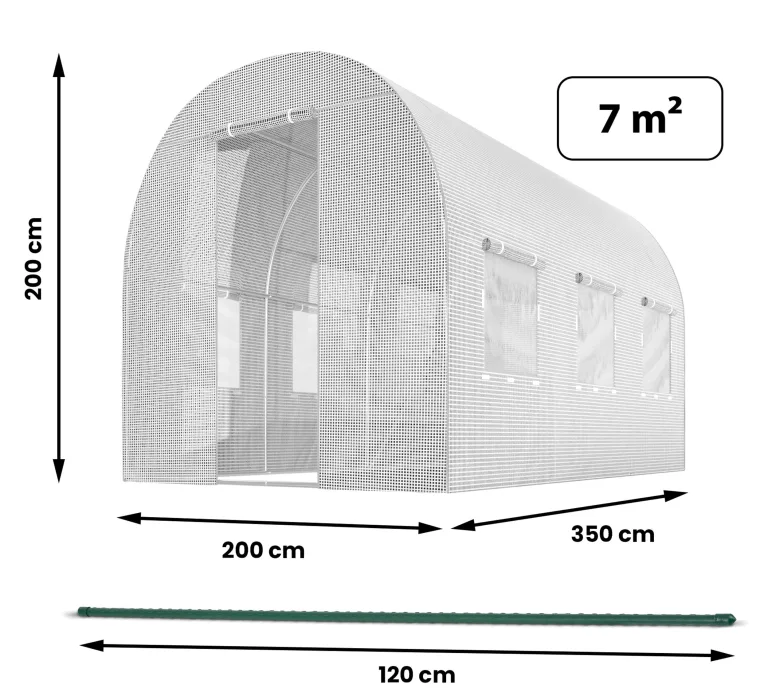 Garten-Gewächshaus Tunnel 2 × 3,5 m - 7 m² Folientunnel mit Stahlrahmen | PE-Folie 140 g/m² UV-beständig | 6 Fenster mit Moskitonetz | Pflanzenschutz | Weiß – Bild 3