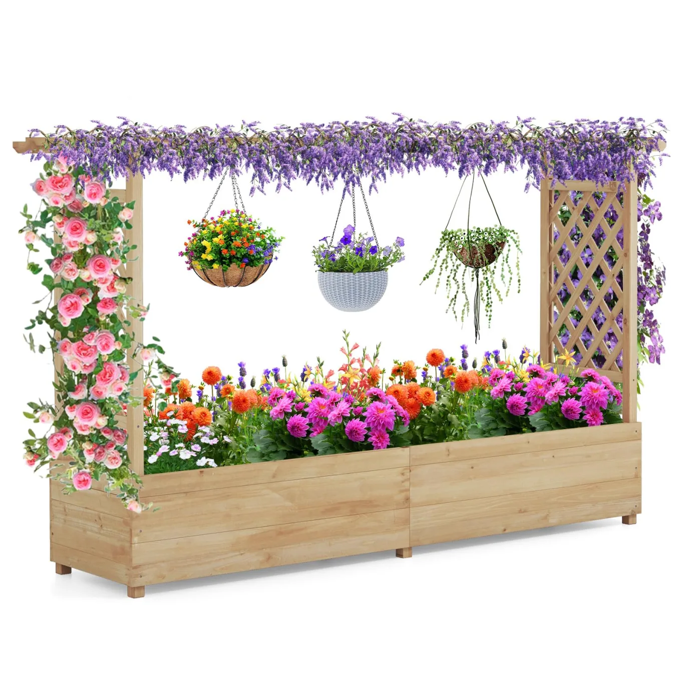 COSTWAY Blumenkasten mit Rankgitter & hängendem Dach, Pflanzkasten mit Rankhilfe, Hochbeet für Kletterpflanzen & hängende Körbe, für Hof Garten Terrasse, Pflanzkübel Holz, Natur (200x44x114cm) - Bild 1