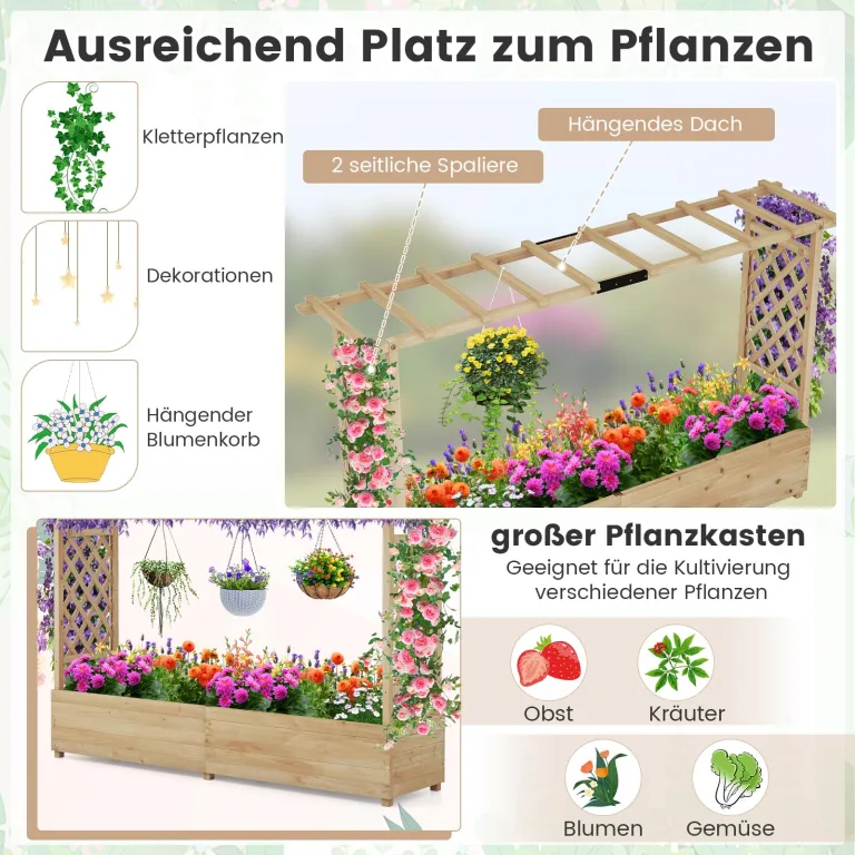 COSTWAY Blumenkasten mit Rankgitter & hängendem Dach, Pflanzkasten mit Rankhilfe, Hochbeet für Kletterpflanzen & hängende Körbe, für Hof Garten Terrasse, Pflanzkübel Holz, Natur (200x44x114cm) – Bild 3