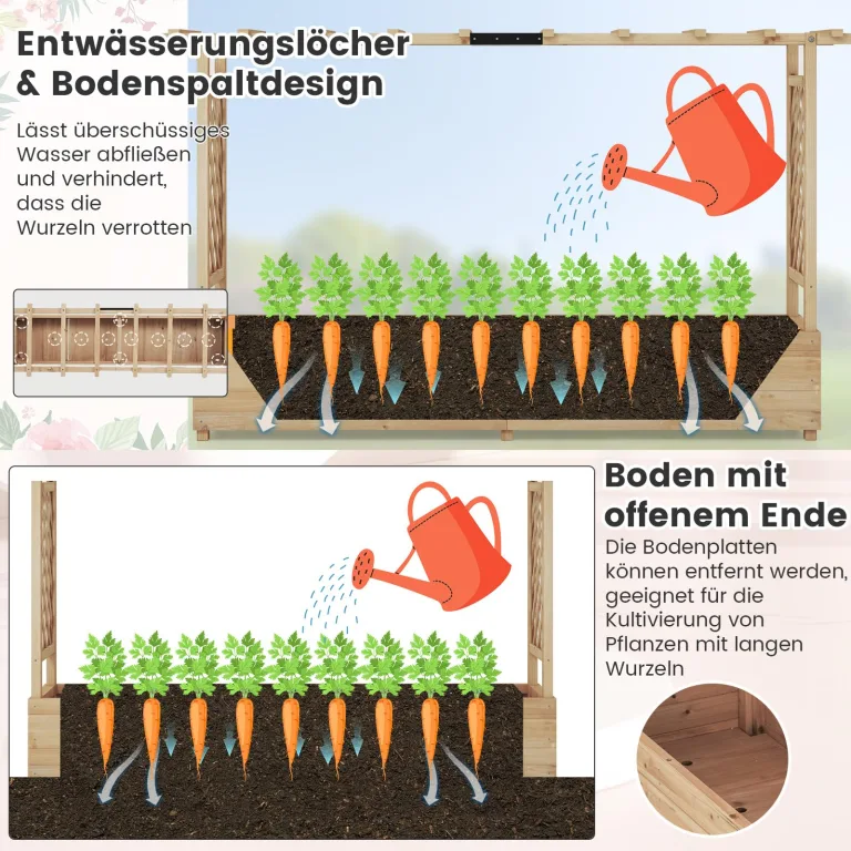 COSTWAY Blumenkasten mit Rankgitter & hängendem Dach, Pflanzkasten mit Rankhilfe, Hochbeet für Kletterpflanzen & hängende Körbe, für Hof Garten Terrasse, Pflanzkübel Holz, Natur (200x44x114cm) – Bild 5