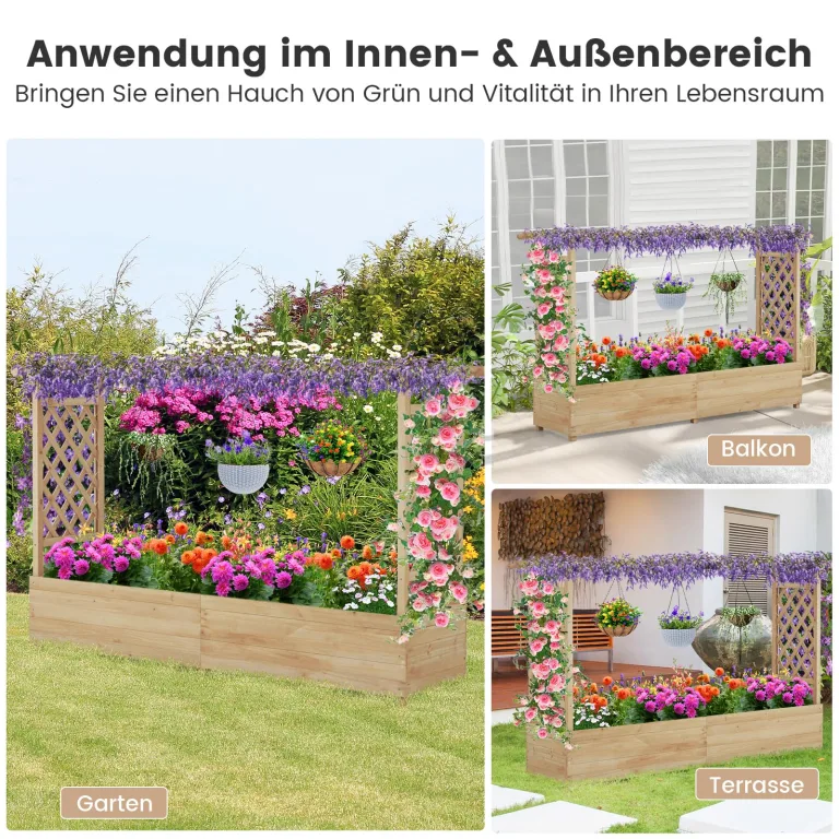 COSTWAY Blumenkasten mit Rankgitter & hängendem Dach, Pflanzkasten mit Rankhilfe, Hochbeet für Kletterpflanzen & hängende Körbe, für Hof Garten Terrasse, Pflanzkübel Holz, Natur (200x44x114cm) – Bild 7