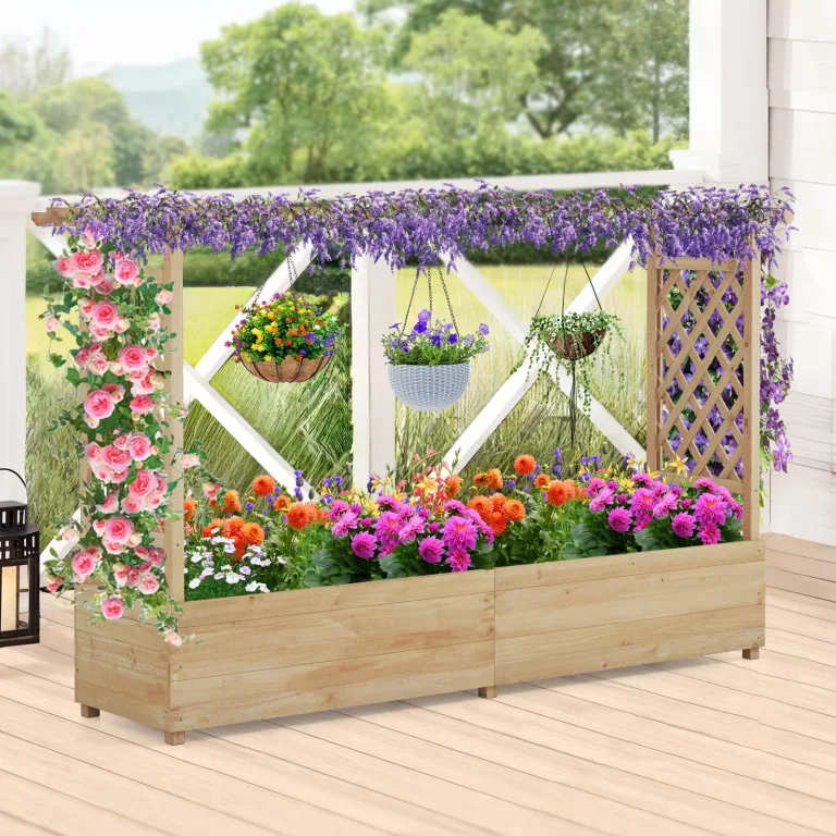 COSTWAY Blumenkasten mit Rankgitter & hängendem Dach, Pflanzkasten mit Rankhilfe, Hochbeet für Kletterpflanzen & hängende Körbe, für Hof Garten Terrasse, Pflanzkübel Holz, Natur (200x44x114cm) – Bild 9