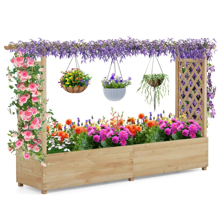 COSTWAY Blumenkasten mit Rankgitter & hängendem Dach, Pflanzkasten mit Rankhilfe, Hochbeet für Kletterpflanzen & hängende Körbe, für Hof Garten Terrasse, Pflanzkübel Holz, Natur (200x44x114cm) – Bild 1
