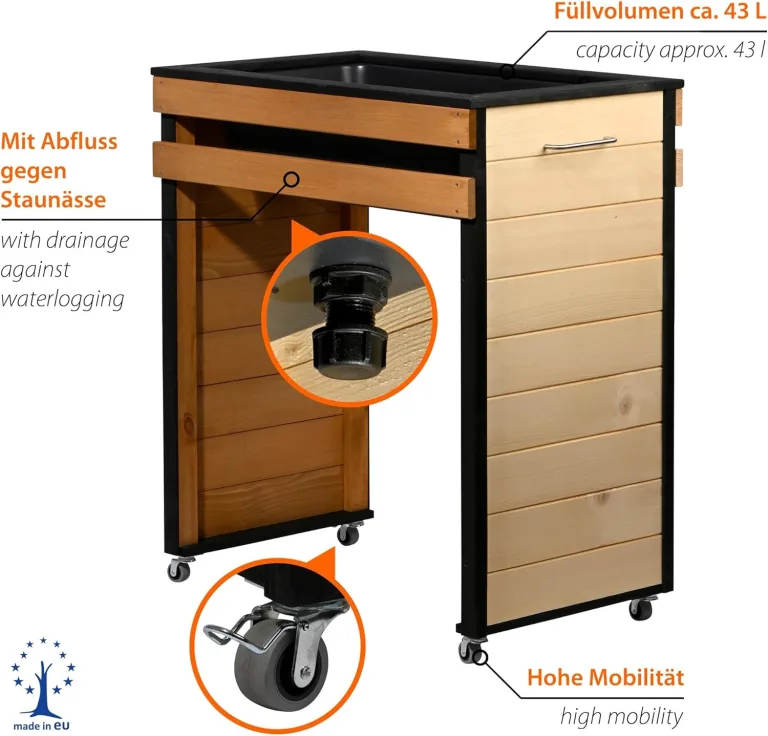 dobar® Hochbeet Wheely Gr. M für Rollstuhlfahrer - Pflanzkasten aus Holz aus Rollen mit Pflanzkübel - Kräuterbeet für Indoor und Outdoor - Balkon-Hochbeet, Natur – Bild 3