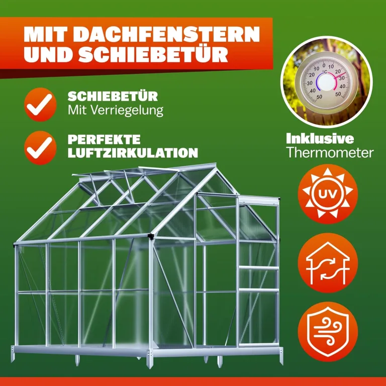 GARDEBRUK® Gewächshaus Aluminium 4,8m² mit Fundament 250x190cm inkl. 2 Dachfenster Tomatenhaus Treibhaus Anzuchthaus Garten Frühbeet Aufzucht 7,7m³ – Bild 6