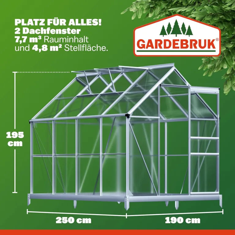 GARDEBRUK® Gewächshaus Aluminium 4,8m² mit Fundament 250x190cm inkl. 2 Dachfenster Tomatenhaus Treibhaus Anzuchthaus Garten Frühbeet Aufzucht 7,7m³ – Bild 4