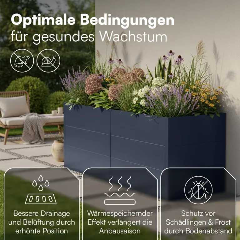 STEELSØN Icarus Hochbeet aus Metall – Pflanzenbeet in Anthrazit für Garten & Balkon – Pflanzenkübel mit offener Bodenstruktur stabil & wetterfest – Gartenbeet für Blumen, Gemüse, Obst – 200x75x80 cm – Bild 3